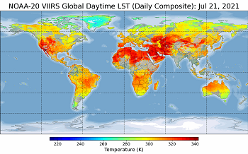 NOAA-20 VIIRS Global Daytime LST, July 21, 2021 - click to enlarge
