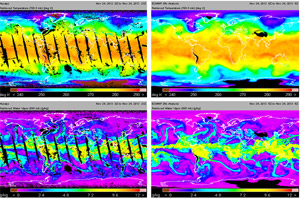 Global temperature and moisture retrieved near 700 hPa retrieved by NUCAPS (left) and ECMWF (right)<br>from CrIS/ATMS observations performed on 11/24/2014 - click to enlarge
