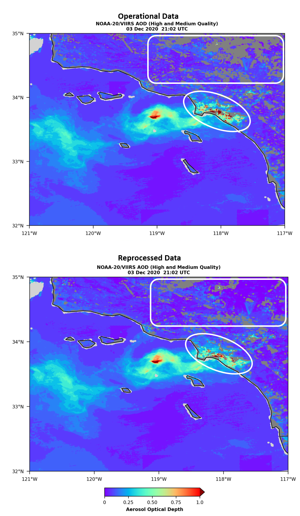VIIRS Operational vs Reprocessed AOD Images - December 3, 2020