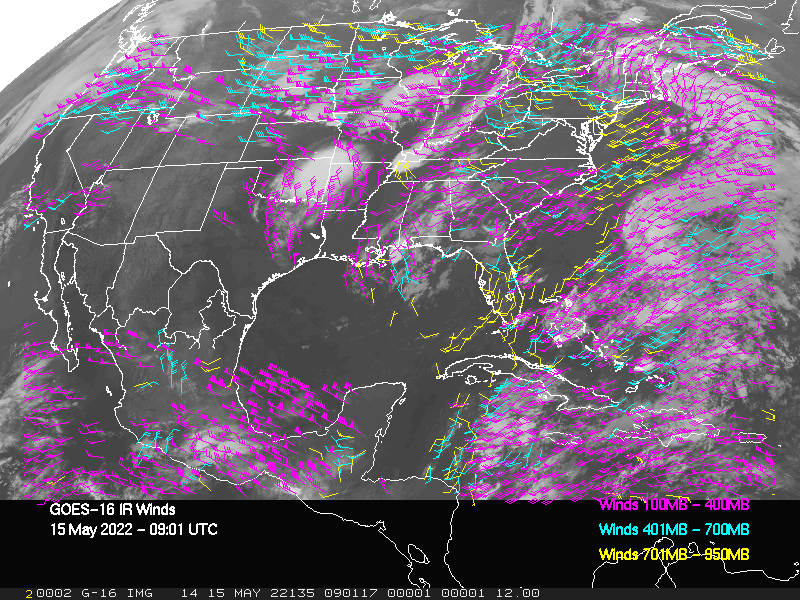 GOES-16 Long-Wave Infrared Derived Winds - CONUS - 05/15/2022 - 0901 GMT