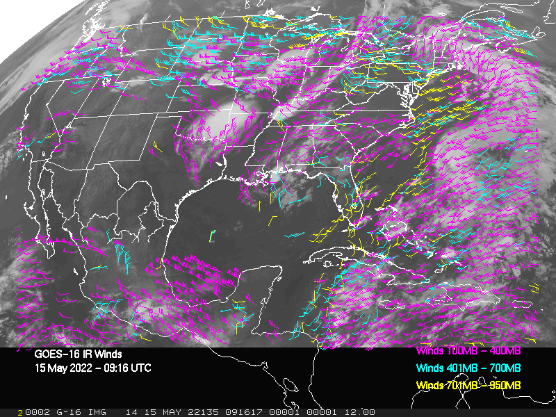 GOES-16 Long-Wave Infrared Derived Winds - CONUS - 05/15/2022 - 0916 GMT