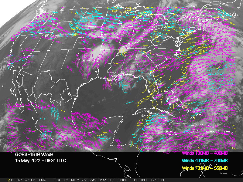 GOES-16 Long-Wave Infrared Derived Winds - CONUS - 05/15/2022 - 0931 GMT