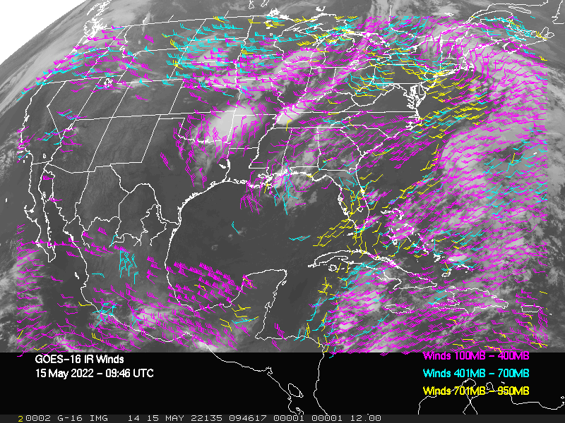 GOES-16 Long-Wave Infrared Derived Winds - CONUS - 05/15/2022 - 0946 GMT