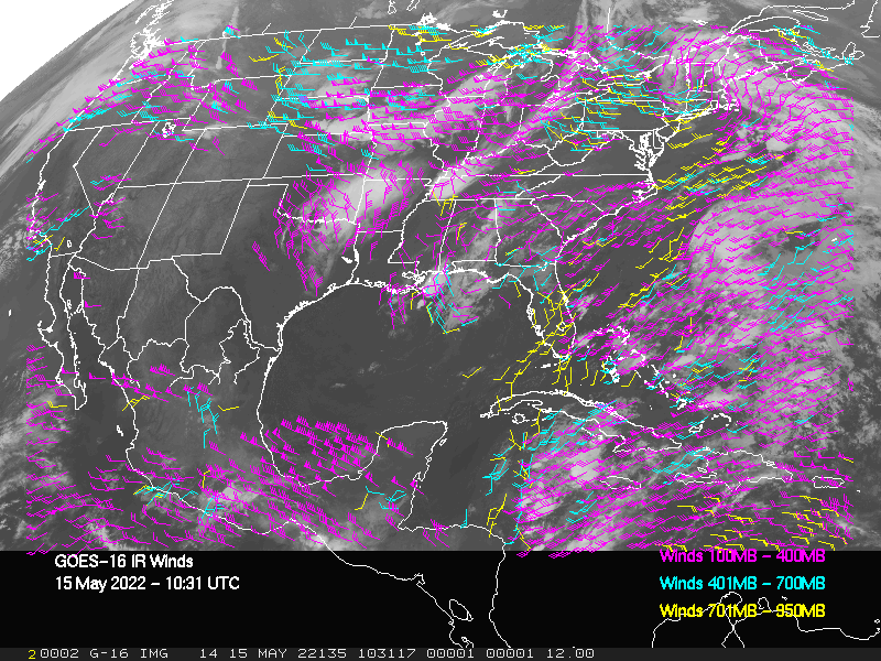 GOES-16 Long-Wave Infrared Derived Winds - CONUS - 05/15/2022 - 1031 GMT