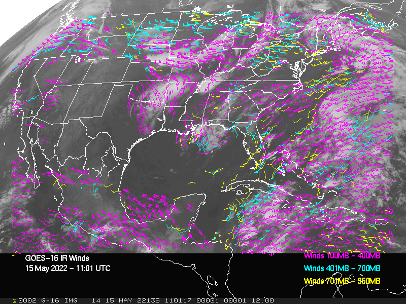GOES-16 Long-Wave Infrared Derived Winds - CONUS - 05/15/2022 - 1101 GMT