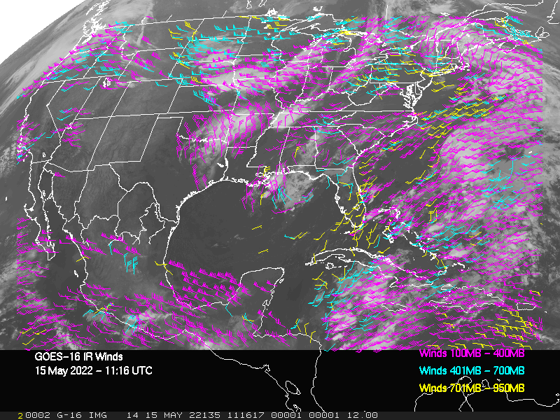 GOES-16 Long-Wave Infrared Derived Winds - CONUS - 05/15/2022 - 1116 GMT