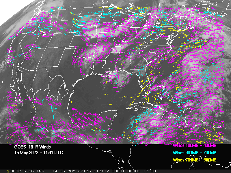 GOES-16 Long-Wave Infrared Derived Winds - CONUS - 05/15/2022 - 1131 GMT