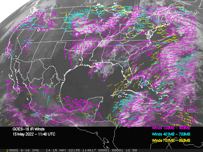 GOES-16 Long-Wave Infrared Derived Winds - CONUS - 05/15/2022 - 1146 GMT