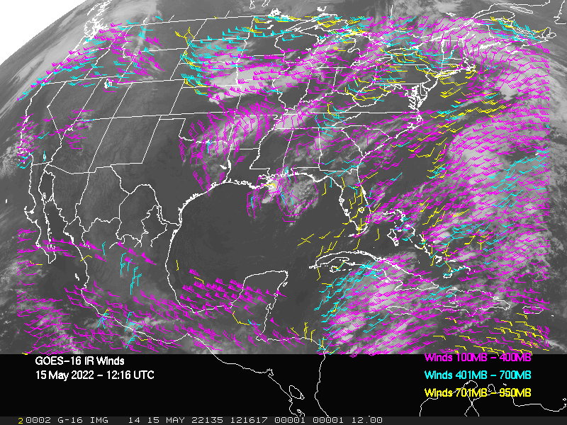 GOES-16 Long-Wave Infrared Derived Winds - CONUS - 05/15/2022 - 1216 GMT