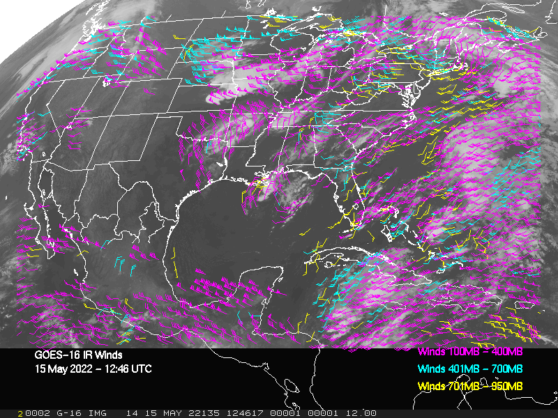 GOES-16 Long-Wave Infrared Derived Winds - CONUS - 05/15/2022 - 1246 GMT