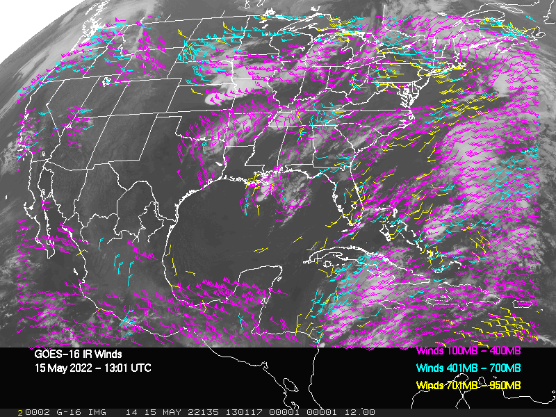 GOES-16 Long-Wave Infrared Derived Winds - CONUS - 05/15/2022 - 1301 GMT