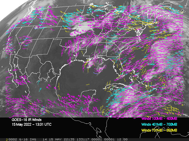 GOES-16 Long-Wave Infrared Derived Winds - CONUS - 05/15/2022 - 1331 GMT