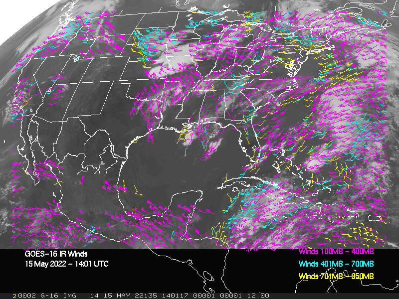 GOES-16 Long-Wave Infrared Derived Winds - CONUS - 05/15/2022 - 1401 GMT