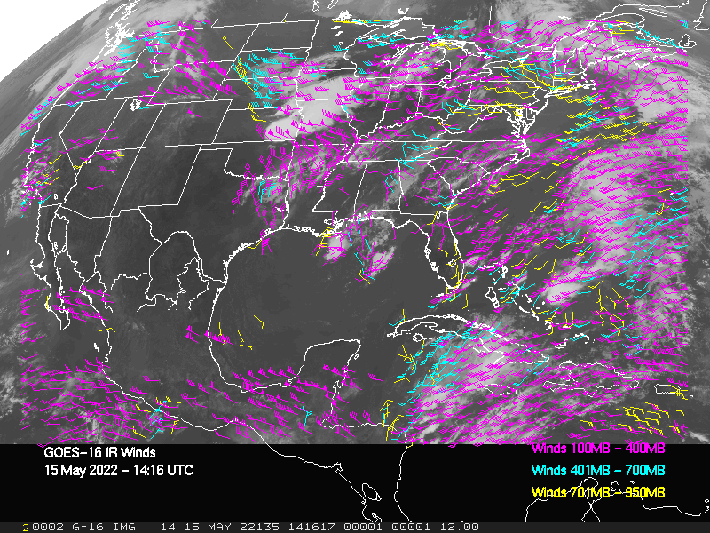 GOES-16 Long-Wave Infrared Derived Winds - CONUS - 05/15/2022 - 1416 GMT