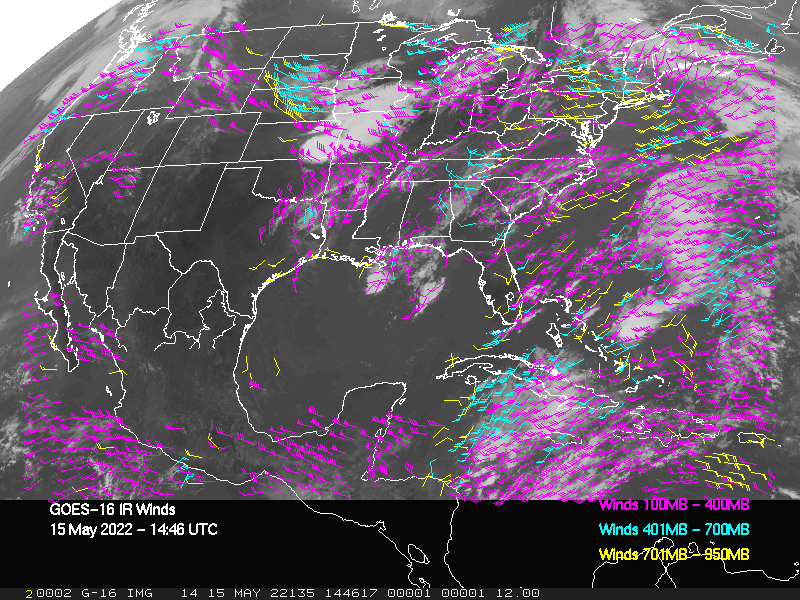 GOES-16 Long-Wave Infrared Derived Winds - CONUS - 05/15/2022 - 1446 GMT