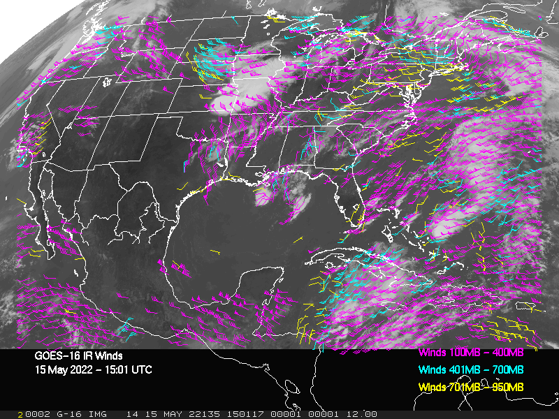 GOES-16 Long-Wave Infrared Derived Winds - CONUS - 05/15/2022 - 1501 GMT