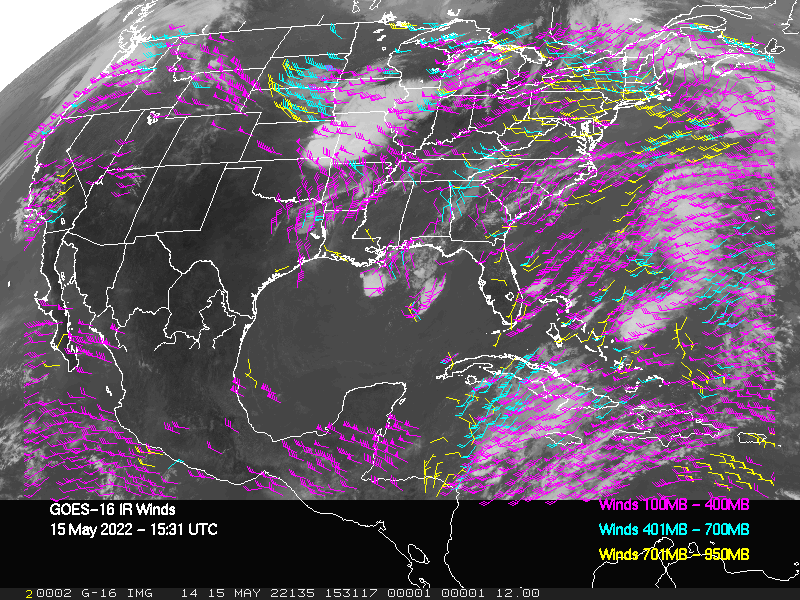 GOES-16 Long-Wave Infrared Derived Winds - CONUS - 05/15/2022 - 1531 GMT
