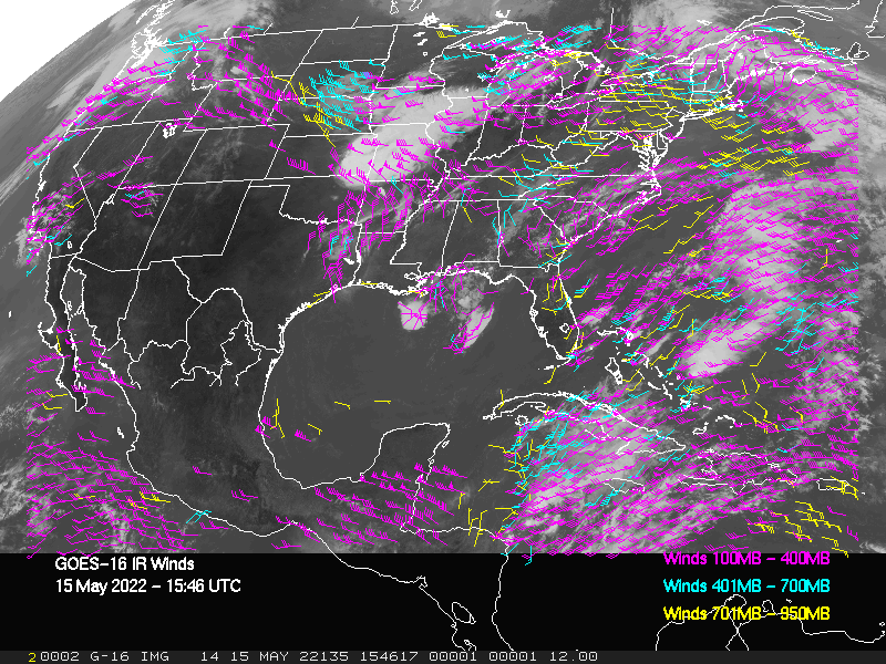 GOES-16 Long-Wave Infrared Derived Winds - CONUS - 05/15/2022 - 1546 GMT