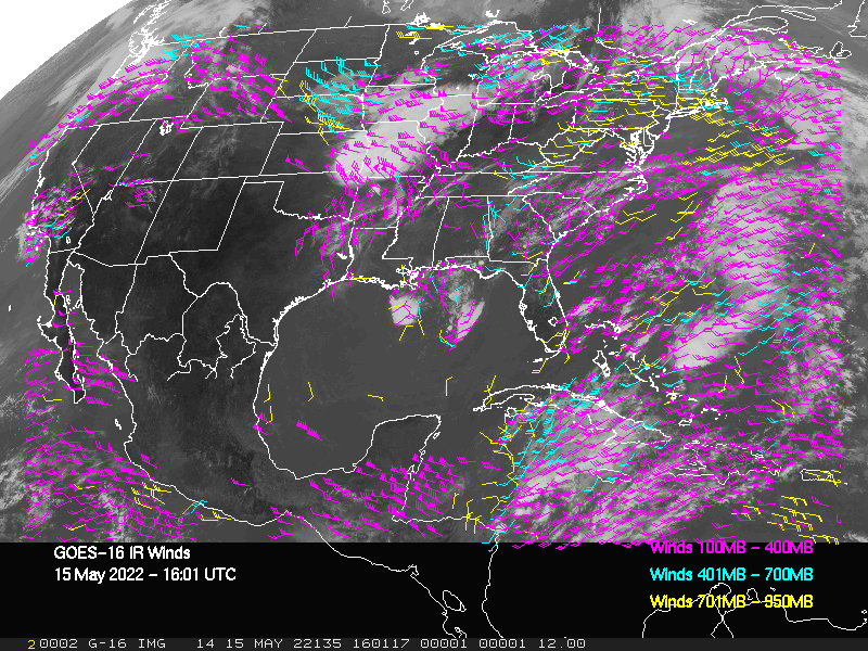GOES-16 Long-Wave Infrared Derived Winds - CONUS - 05/15/2022 - 1601 GMT