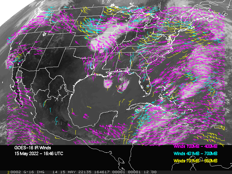 GOES-16 Long-Wave Infrared Derived Winds - CONUS - 05/15/2022 - 1646 GMT