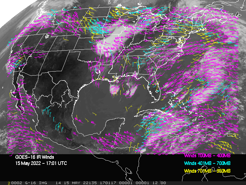 GOES-16 Long-Wave Infrared Derived Winds - CONUS - 05/15/2022 - 1701 GMT