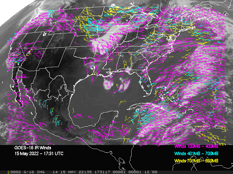 GOES-16 Long-Wave Infrared Derived Winds - CONUS - 05/15/2022 - 1731 GMT