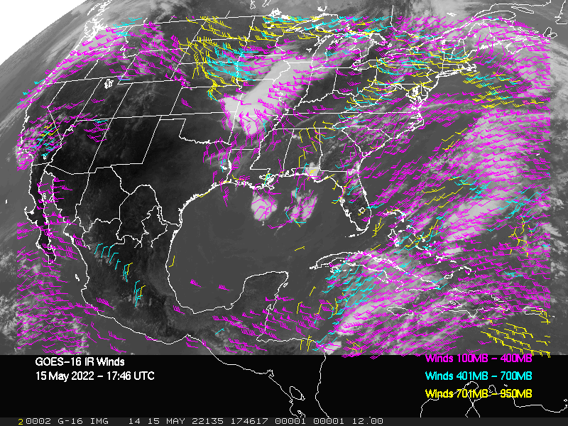 GOES-16 Long-Wave Infrared Derived Winds - CONUS - 05/15/2022 - 1746 GMT