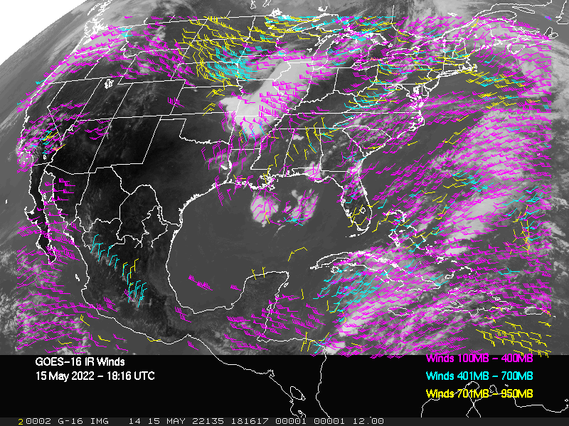 GOES-16 Long-Wave Infrared Derived Winds - CONUS - 05/15/2022 - 1816 GMT