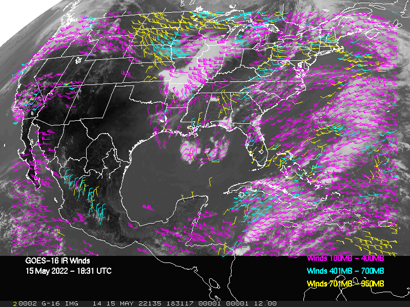GOES-16 Long-Wave Infrared Derived Winds - CONUS - 05/15/2022 - 1831 GMT