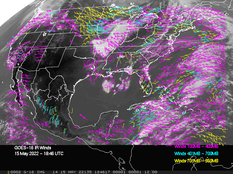 GOES-16 Long-Wave Infrared Derived Winds - CONUS - 05/15/2022 - 1846 GMT