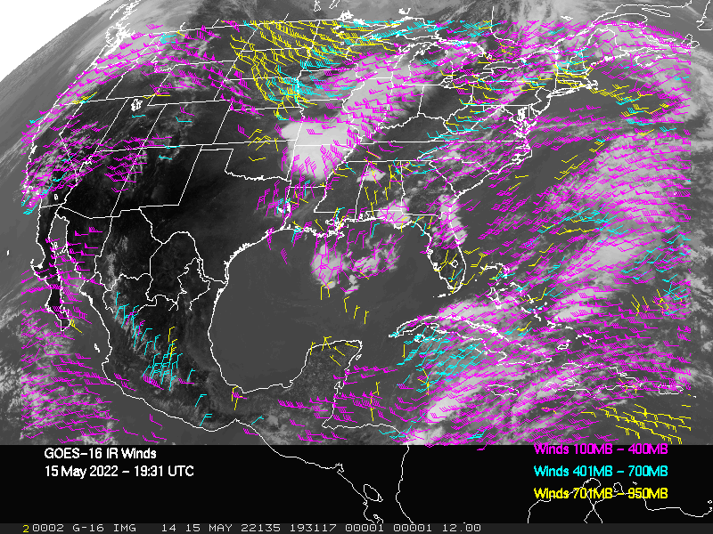 GOES-16 Long-Wave Infrared Derived Winds - CONUS - 05/15/2022 - 1931 GMT