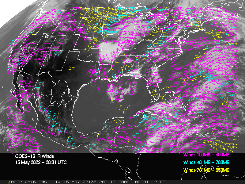 GOES-16 Long-Wave Infrared Derived Winds - CONUS - 05/15/2022 - 2001 GMT
