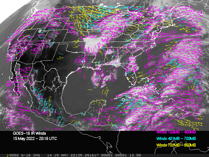 GOES-16 Long-Wave Infrared Derived Winds - CONUS - 05/15/2022 - 2016 GMT