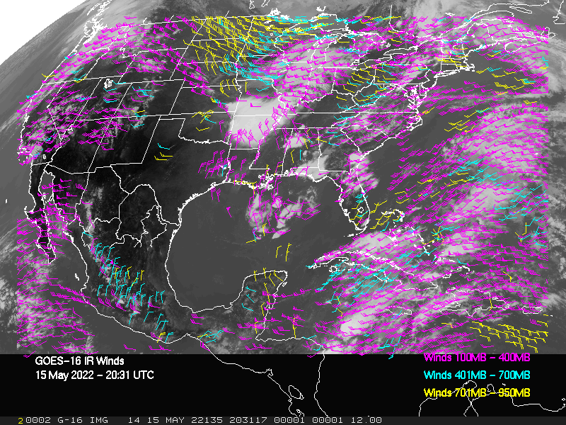 GOES-16 Long-Wave Infrared Derived Winds - CONUS - 05/15/2022 - 2031 GMT