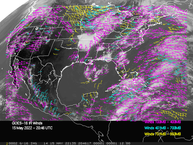 GOES-16 Long-Wave Infrared Derived Winds - CONUS - 05/15/2022 - 2046 GMT