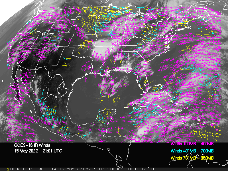 GOES-16 Long-Wave Infrared Derived Winds - CONUS - 05/15/2022 - 2101 GMT