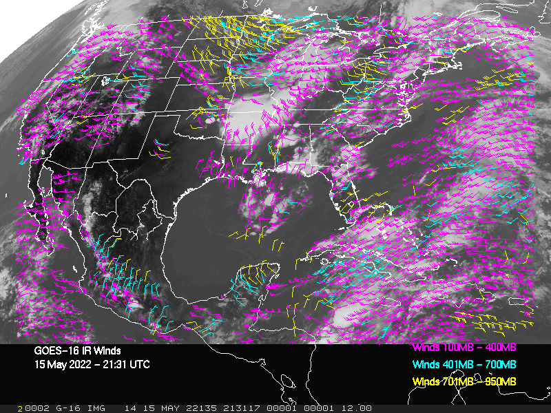 GOES-16 Long-Wave Infrared Derived Winds - CONUS - 05/15/2022 - 2131 GMT