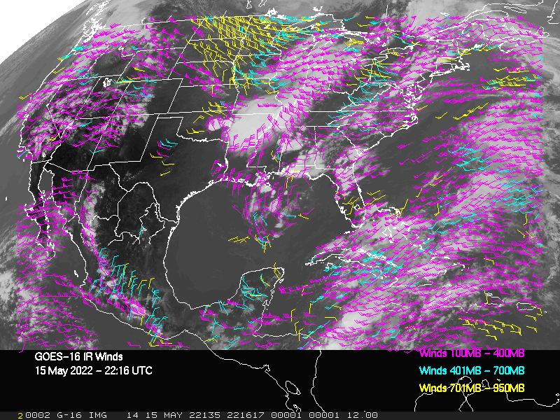 GOES-16 Long-Wave Infrared Derived Winds - CONUS - 05/15/2022 - 2216 GMT