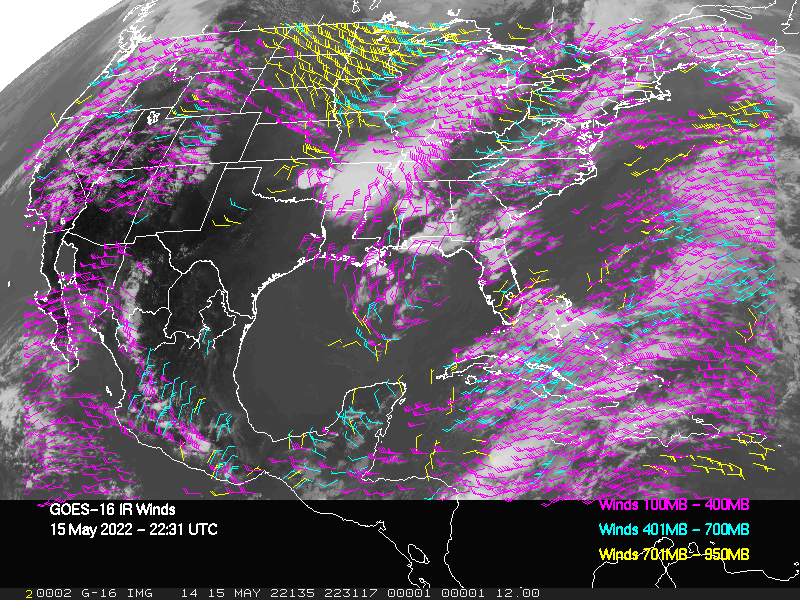 GOES-16 Long-Wave Infrared Derived Winds - CONUS - 05/15/2022 - 2231 GMT