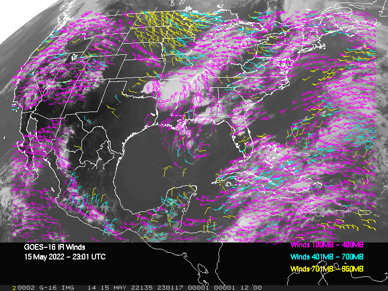 GOES-16 Long-Wave Infrared Derived Winds - CONUS - 05/15/2022 - 2301 GMT