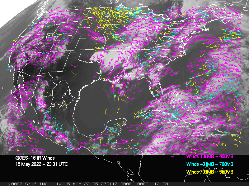 GOES-16 Long-Wave Infrared Derived Winds - CONUS - 05/15/2022 - 2331 GMT