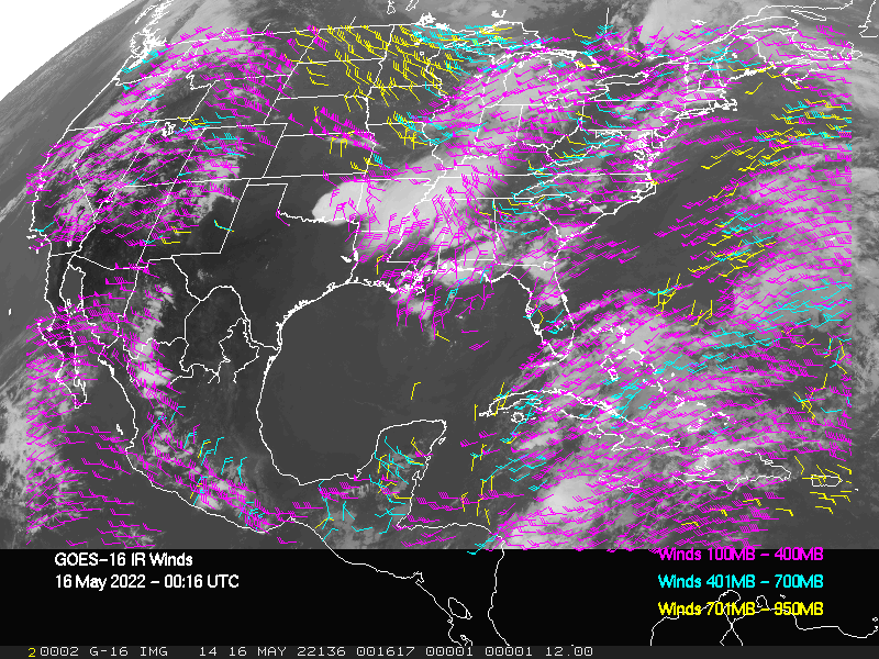 GOES-16 Long-Wave Infrared Derived Winds - CONUS - 05/16/2022 - 0016 GMT