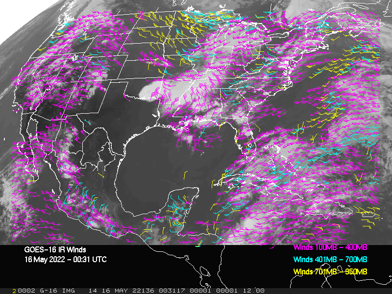 GOES-16 Long-Wave Infrared Derived Winds - CONUS - 05/16/2022 - 0031 GMT