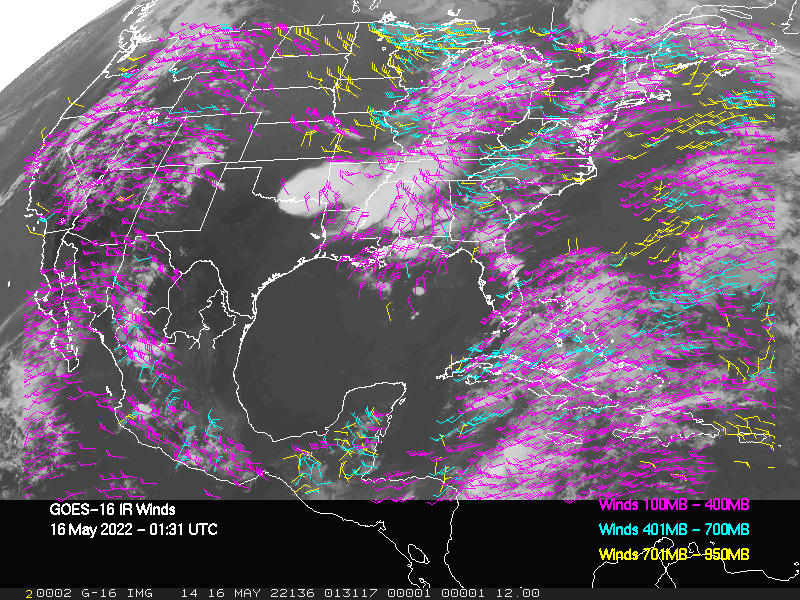 GOES-16 Long-Wave Infrared Derived Winds - CONUS - 05/16/2022 - 0131 GMT