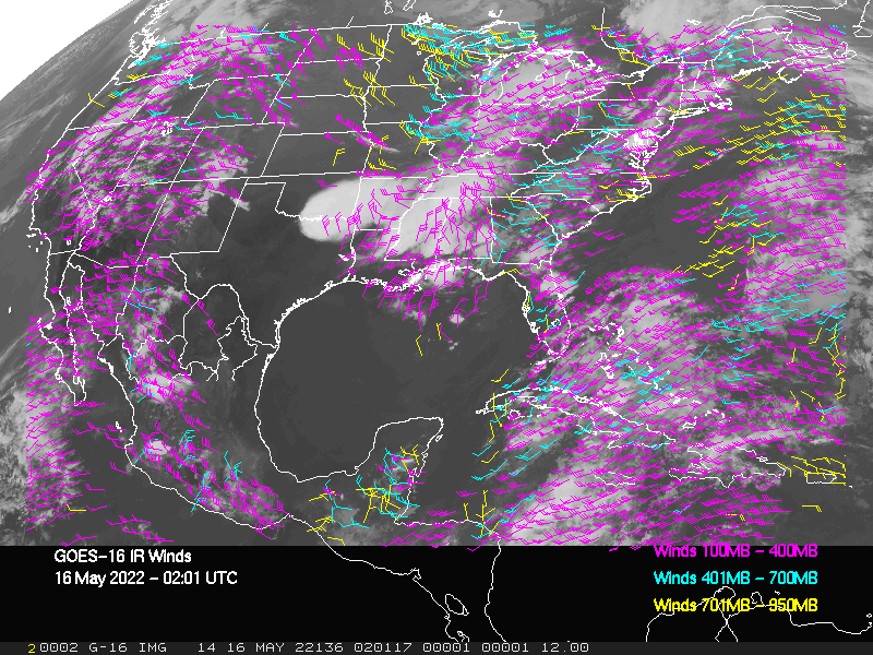 GOES-16 Long-Wave Infrared Derived Winds - CONUS - 05/16/2022 - 0201 GMT
