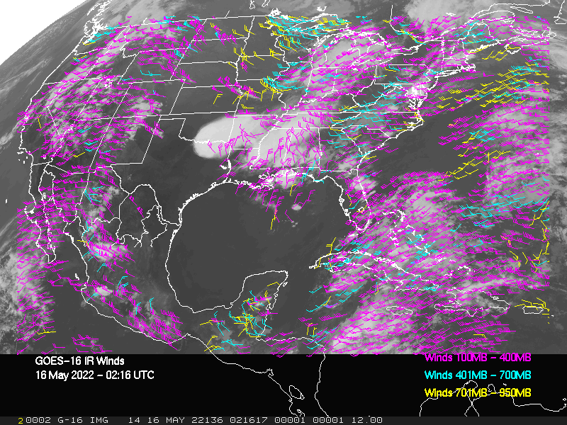 GOES-16 Long-Wave Infrared Derived Winds - CONUS - 05/16/2022 - 0216 GMT