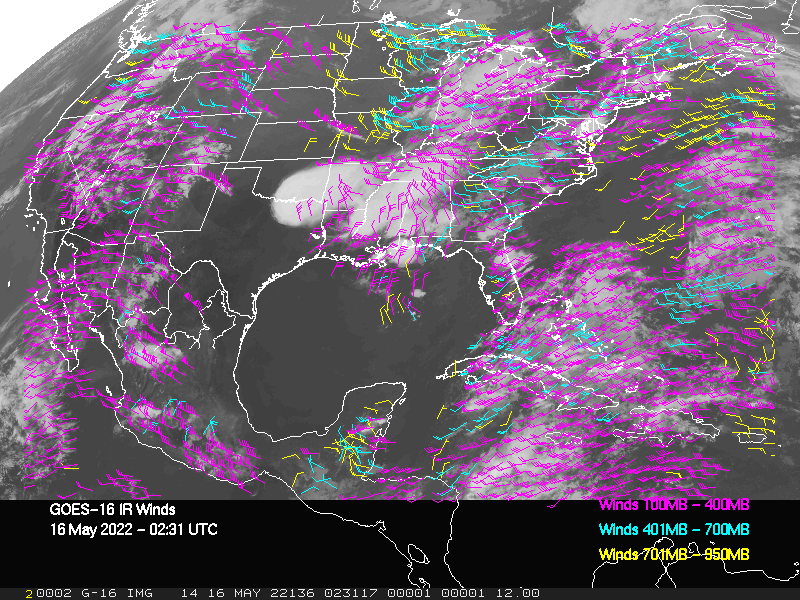 GOES-16 Long-Wave Infrared Derived Winds - CONUS - 05/16/2022 - 0231 GMT
