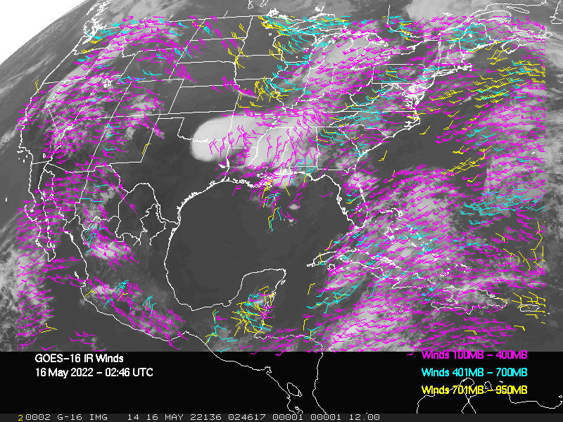 GOES-16 Long-Wave Infrared Derived Winds - CONUS - 05/16/2022 - 0246 GMT