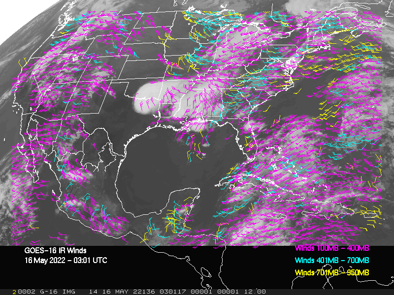 GOES-16 Long-Wave Infrared Derived Winds - CONUS - 05/16/2022 - 0301 GMT