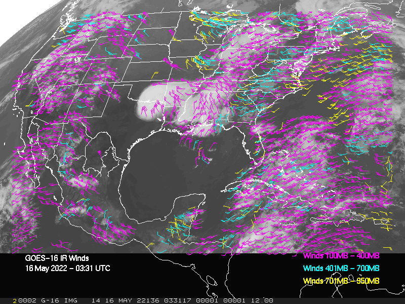 GOES-16 Long-Wave Infrared Derived Winds - CONUS - 05/16/2022 - 0331 GMT
